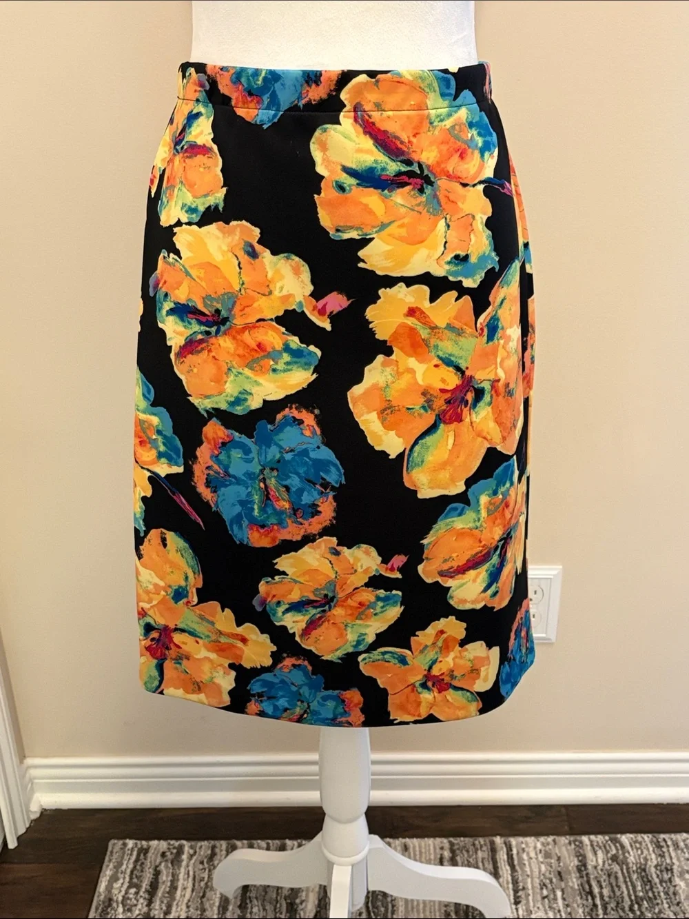 Rafaella Black Pencil Midi Skirt with Yellow & Blue Floral Print Small